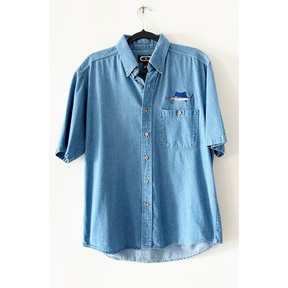 Vintage Denim Three Rivers Sailfish Embroidered Short Sleeve Shirt Size Medium